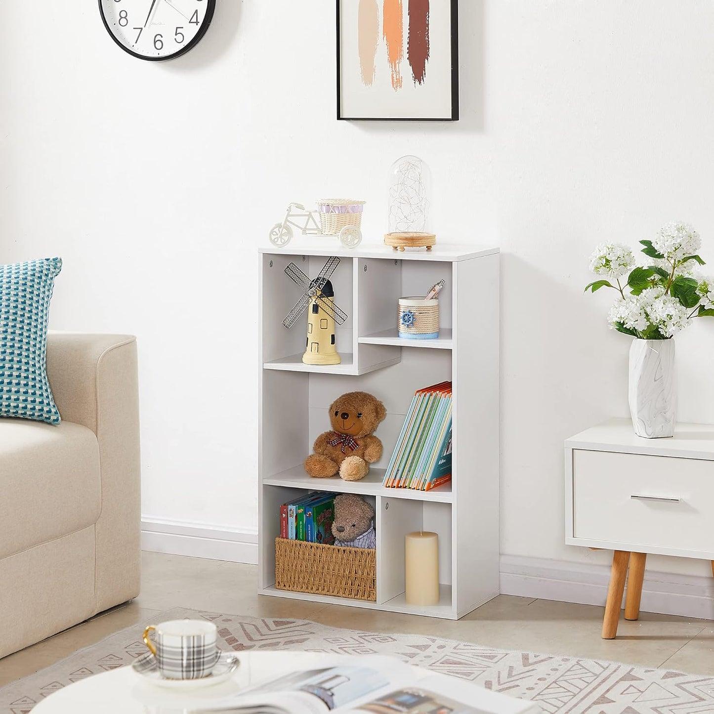 VECELO 5 Cube Modern Bookcases, 3 Tier Bookshelves, 31 Inch High Cubby Storage Organizer, Shelf Hight Up to 12.8 Inches Suit for Most Books, Vertical or Horizontal Use Available,Pearl White