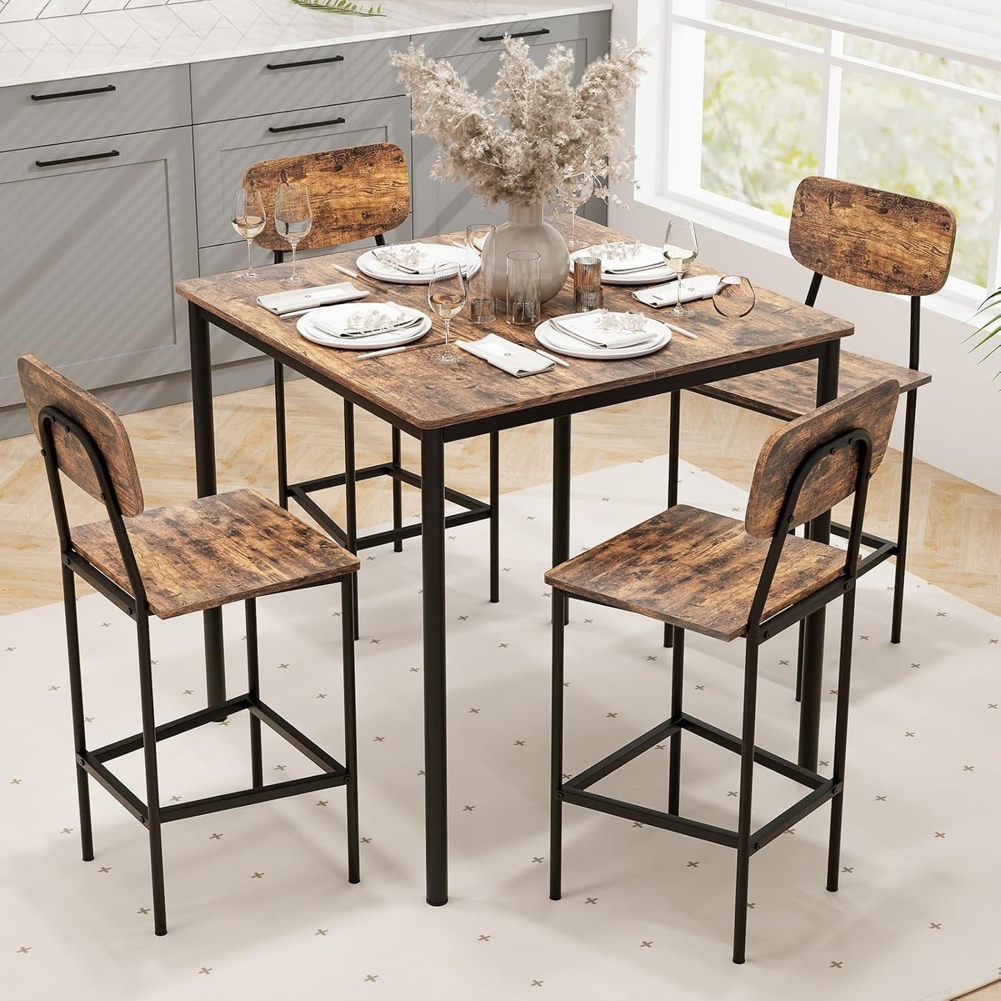 Tangkula Bar Height Table and Chairs, Counter-Height Dining Table Set, Pub Table and Chairs Set of 4, Space-Saving Dinette Set for Breakfast Nook