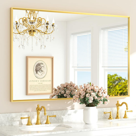 TETOTE Brushed Gold Bathroom Mirror for Over Sink 55" x 36" Large Brass Gold Beveled Framed Rectangular Vanity Mirror for Bathroom, Bedroom, Entryway, Living Room, Tempered Glass, Stronger Frame