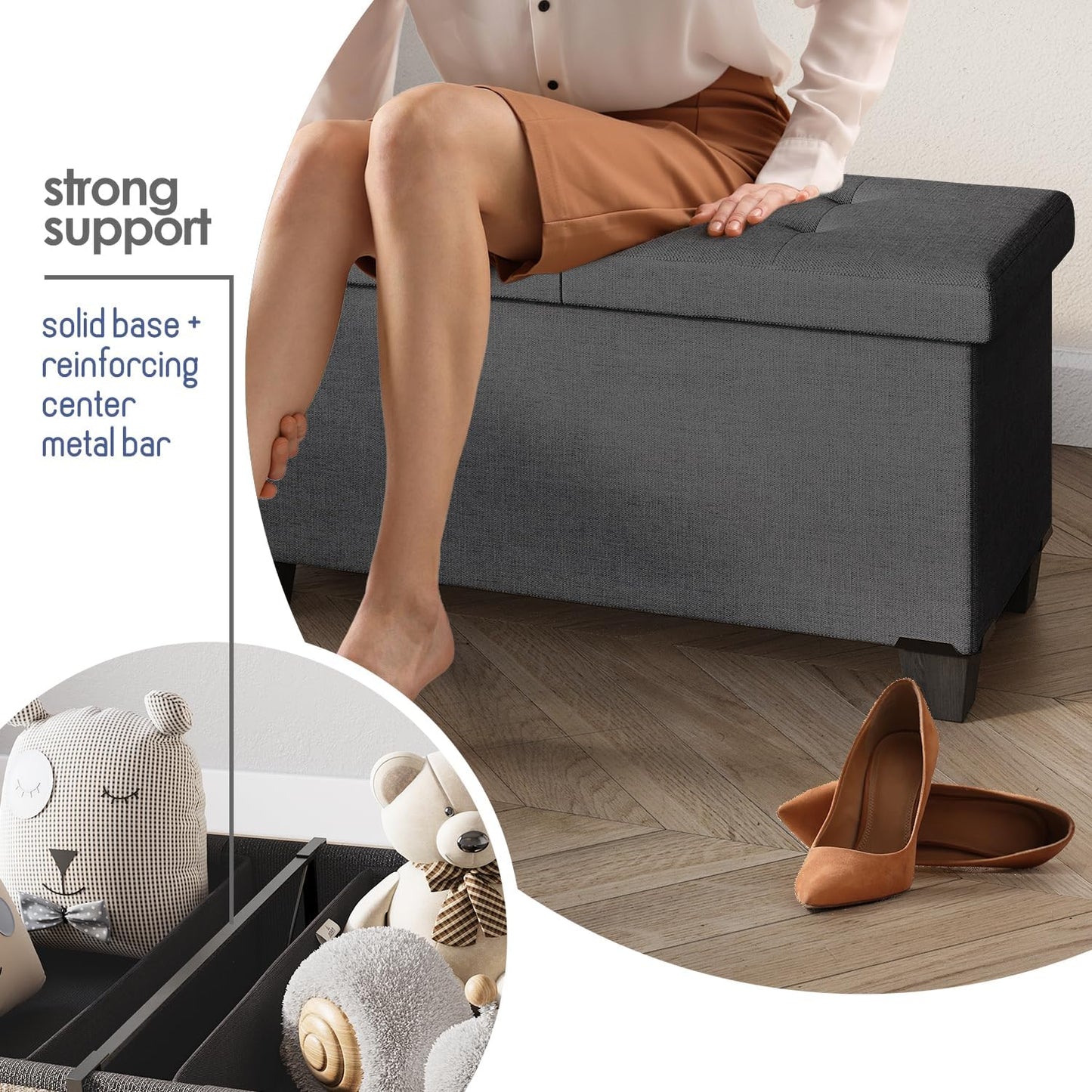 STORAGEBUD Storage Ottoman Bench with Bins, 43-in Storage Bench for Bedroom End of Bed, Folding Foot Rest Ottoman for Living Room Max 660lbs, Fabric Ottomans, Grey