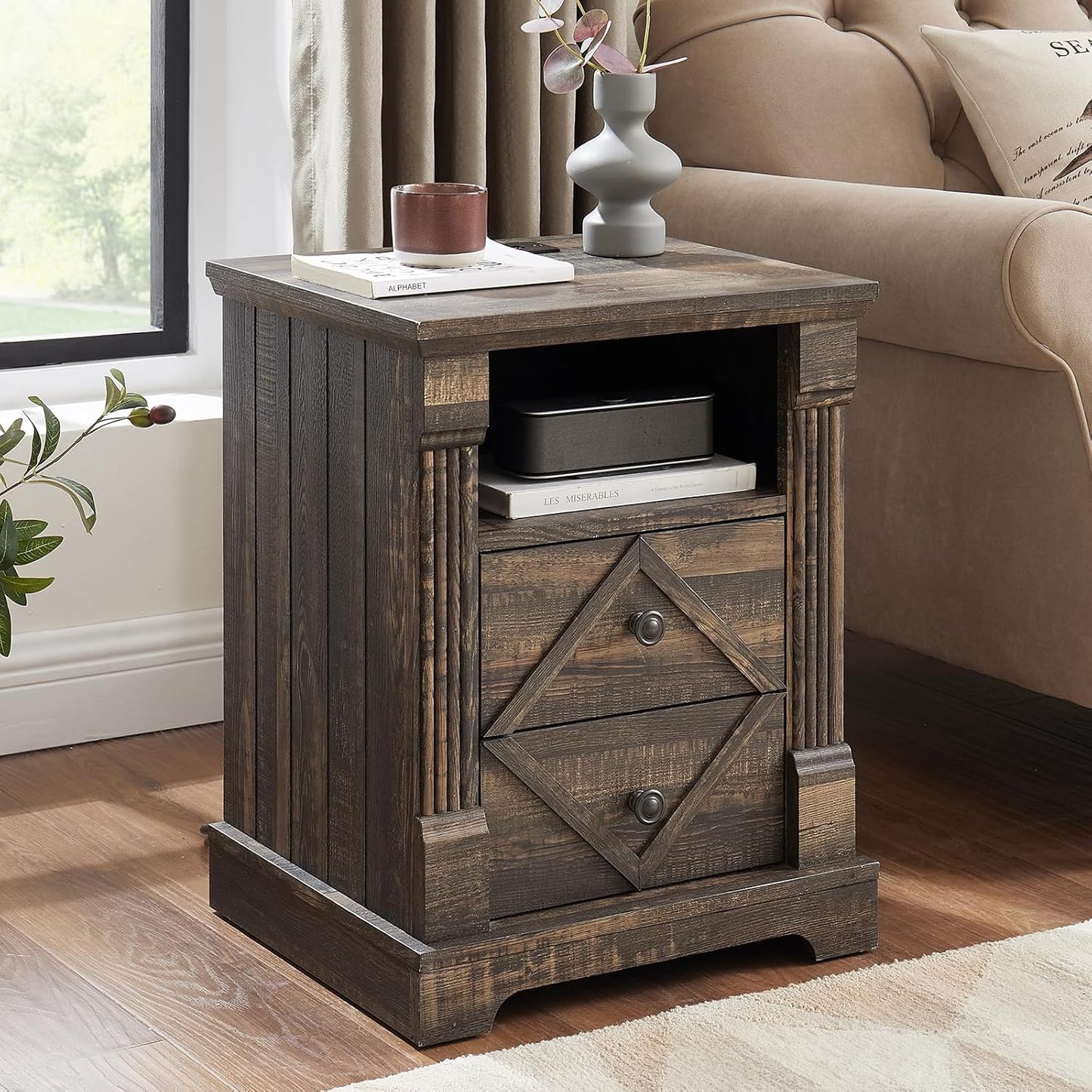 Farmhouse Nightstand with Charging Station, 18" Modern Wood Side Table, 2 Drawers End Table & Roman Column Design for Living Room, Bedside Table with Open Shelf for Bed Room, Dark Rustic Oak