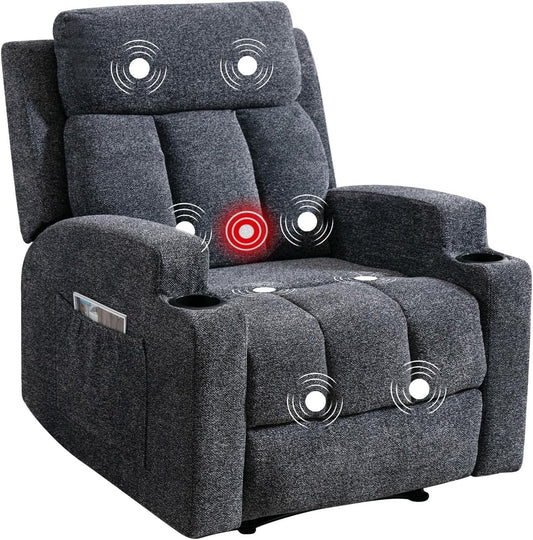 Phoenix Home Manual Recliner Chair with Massage and Heat Ergonomic Overstuffed Breathable Fabric Reclining Chair with 2 Side Pockets, 2 Cup Holders, Remote Control, Living Room, Bedroom, Dark Gray