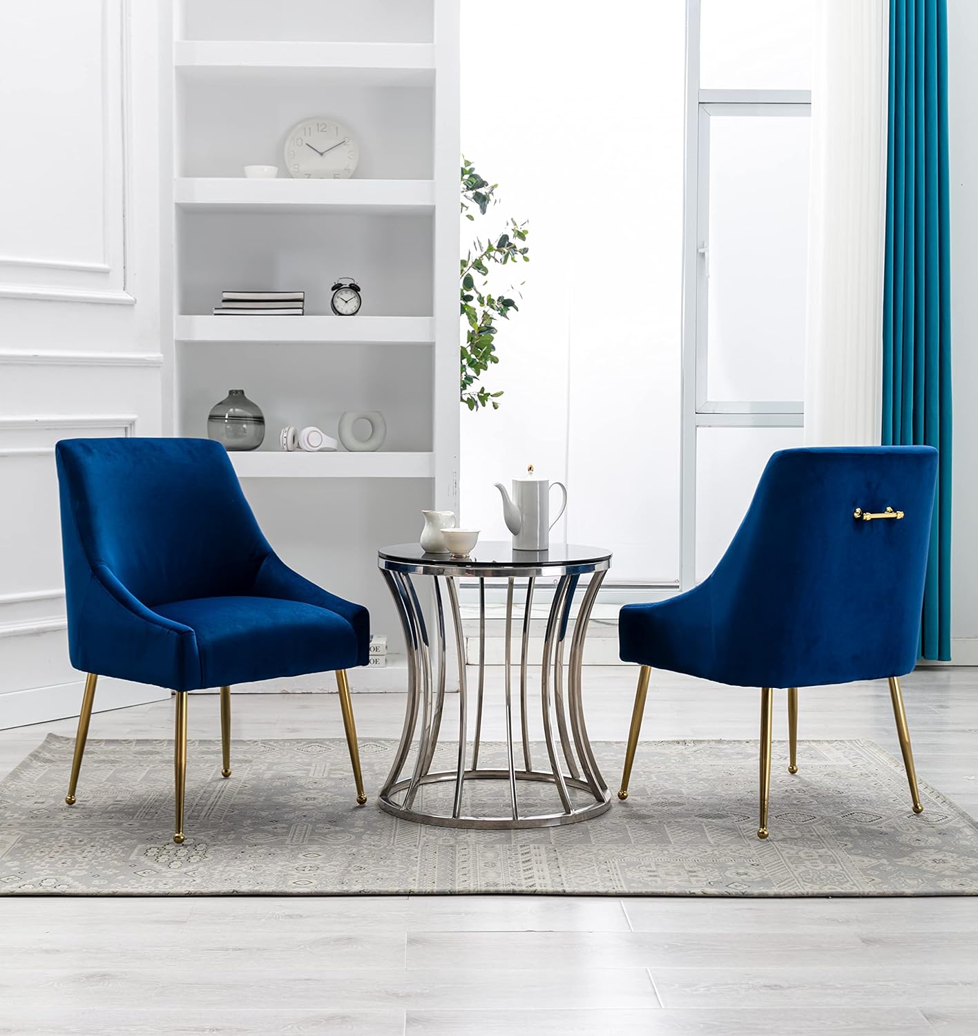 Velvet Dining Chairs Set of 2, Furniture Collection Modern Contemporary Upholstered with Polished Gold Metal Legs(Blue)