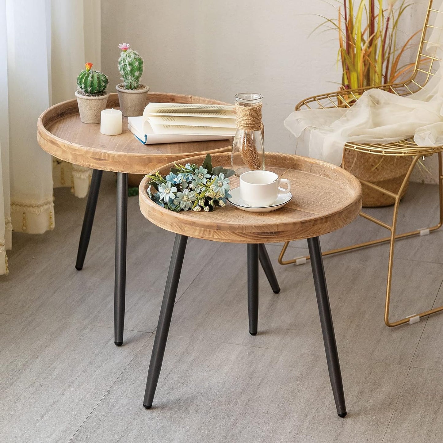 LITA Log Desktop Round Side End Table, Nightstand Tables, Indoor Outdoor Round Side Table, Wooden Tray Table with Black Metal Stand End Table for Living Room Bedroom Office Small Spaces (L)