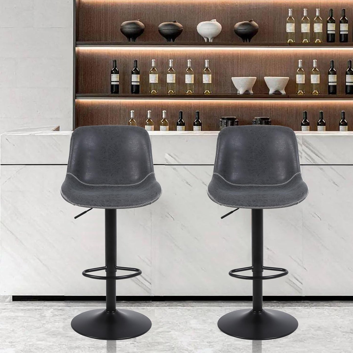 Bar Stools, Swivel Counter Height Barstools with Back, Adjustable Modern Bar Chairs, Tall Armless PU Leather Kitchen Island Stool (Black 02, Set of 3)