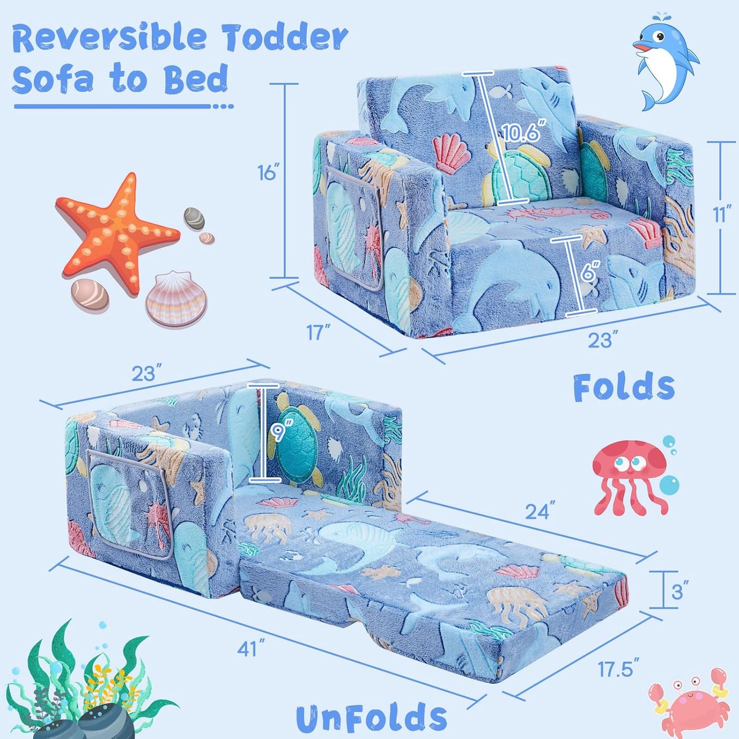 Toddler Chair Comfy,2-in-1 Soft Toddler Couch Fold Out for Kids,Convertible Sofa to Lounger,Gift for Girls and Boys Birthday,Ocean