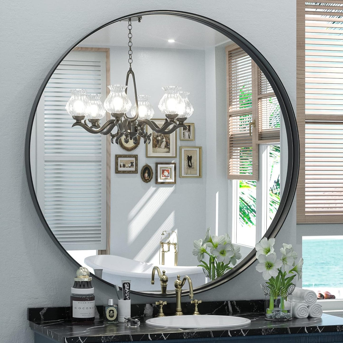 Keonjinn Black Round Mirror 36 Inch, Brushed Black Framed Circle Mirror for Bathroom, Aluminum Alloy Metal Frame, Modern Farmhouse Decorative Wall Mirror for Entryway, Living Room