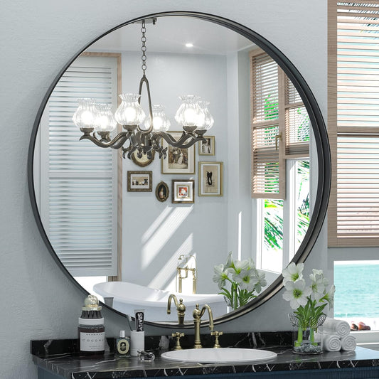 Keonjinn Black Round Mirror 36 Inch, Brushed Black Framed Circle Mirror for Bathroom, Aluminum Alloy Metal Frame, Modern Farmhouse Decorative Wall Mirror for Entryway, Living Room