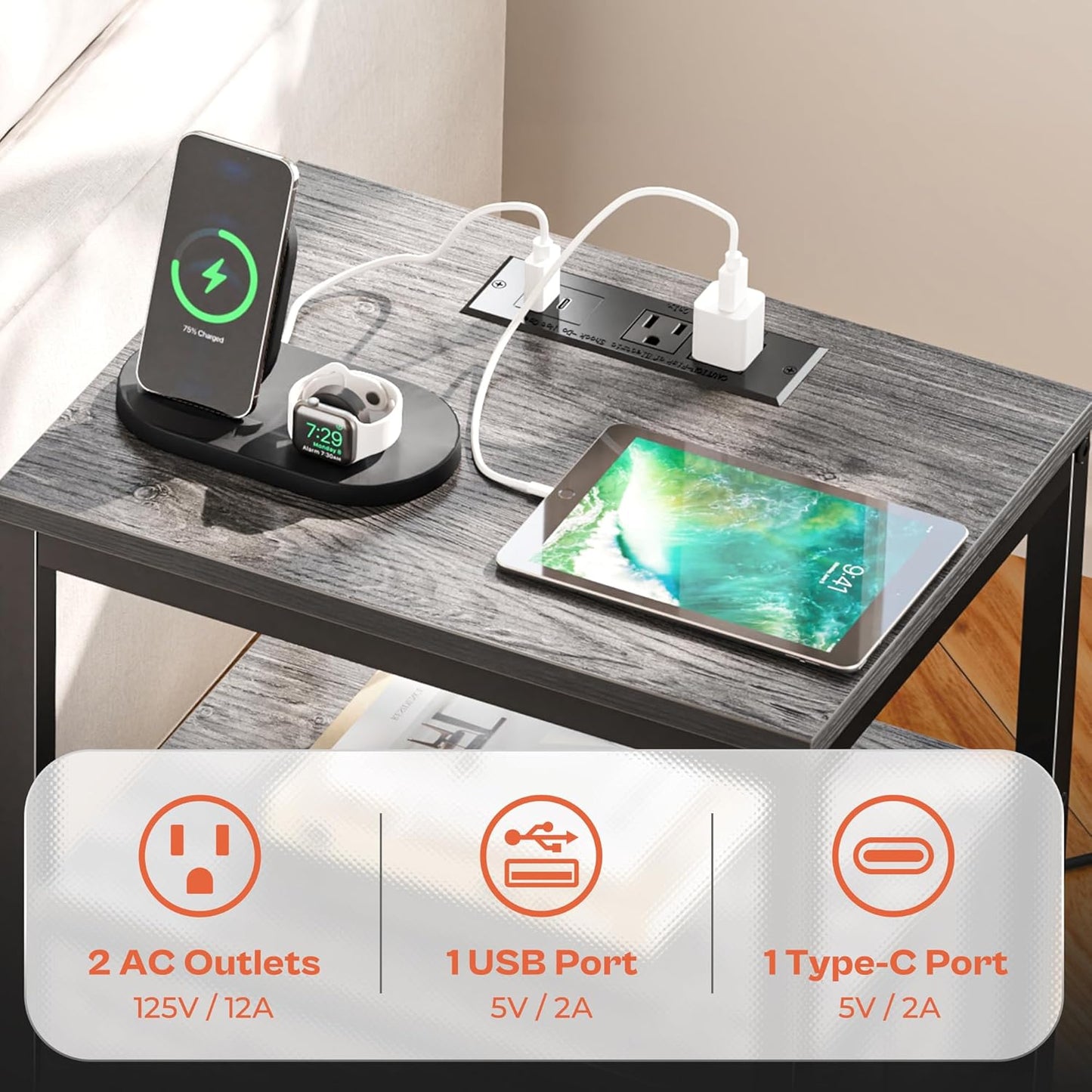 SUPERJARE Nightstand with Charging Station, Bed Side Table with Adjustable Fabric Drawer, Night Stand for Bedroom, 3-Tier Storage End Table, for Living Room, Grey