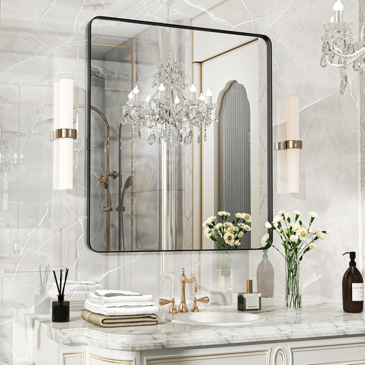 32×36 Black Bathroom Mirror, Rectangular Bathroom Vanity Mirror for Wall with Rounded Corners & Aluminum Alloy Frame, Tempered-Glass, Modern, Farmhouse, Horizontal/Vertical, Entryway, Bedroom