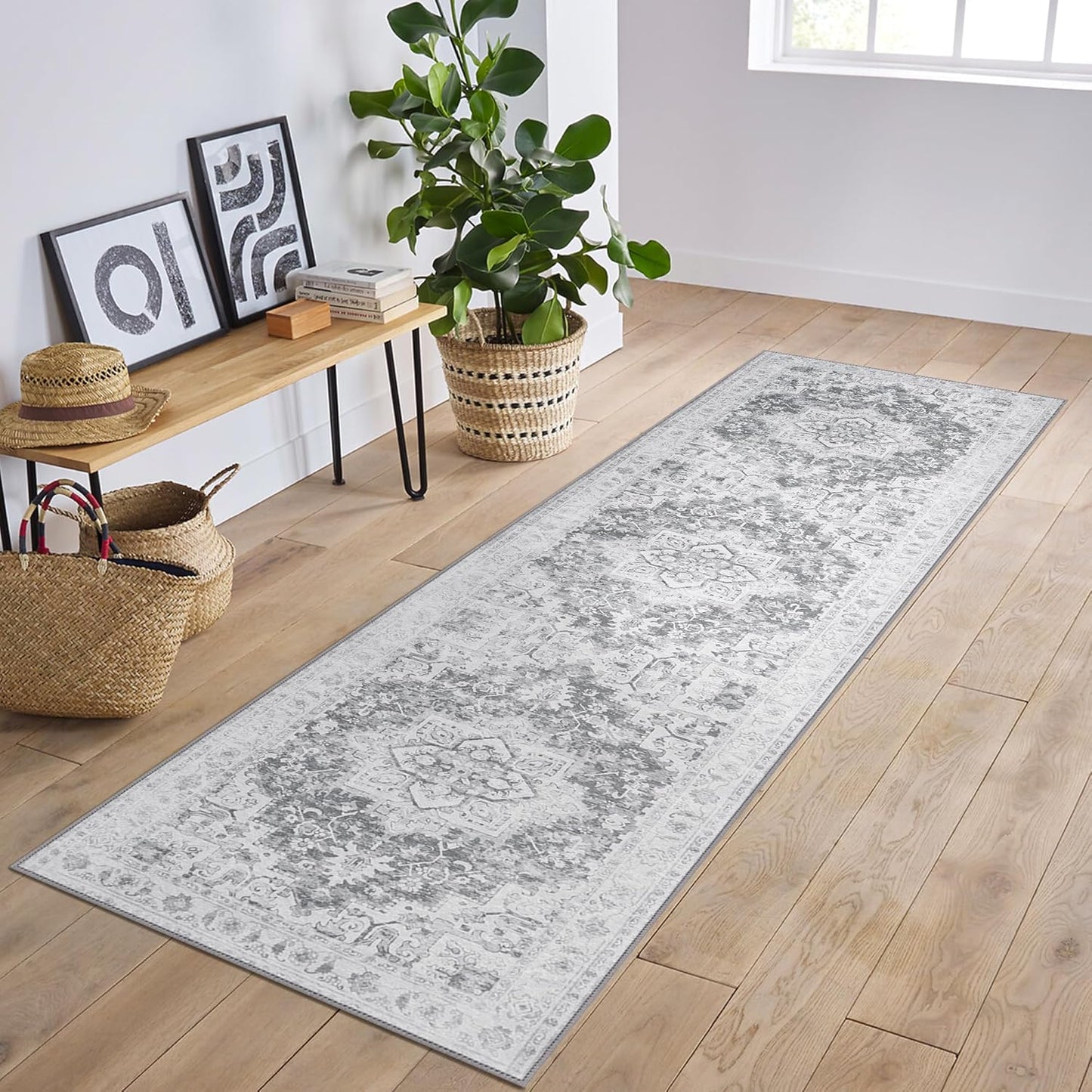 GENIMO Runner Rug 2x7, Non Slip Vintage Machine Washable Hallway Runner, Low Pile Rugs for Living Room, Entryway, Bedroom, Kitchen and Corridor, Gray