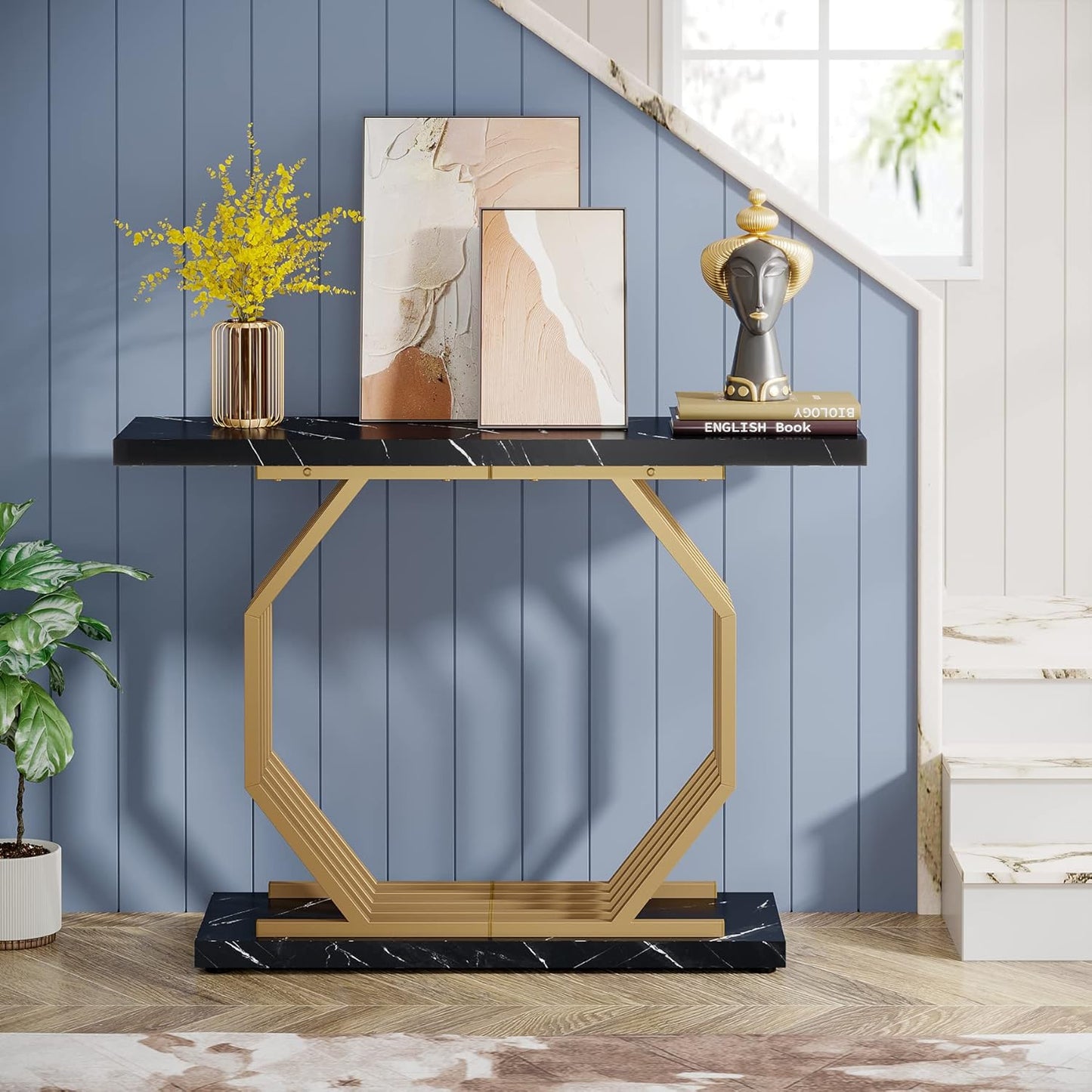 Tribesigns Gold Console Table, Faux Marble Entryway Table Narrow Sofa Table with Geometric Metal Base, 40 Inch Modern Accent Table Entrance Table for Living Room, Hallway, Foyer, Black