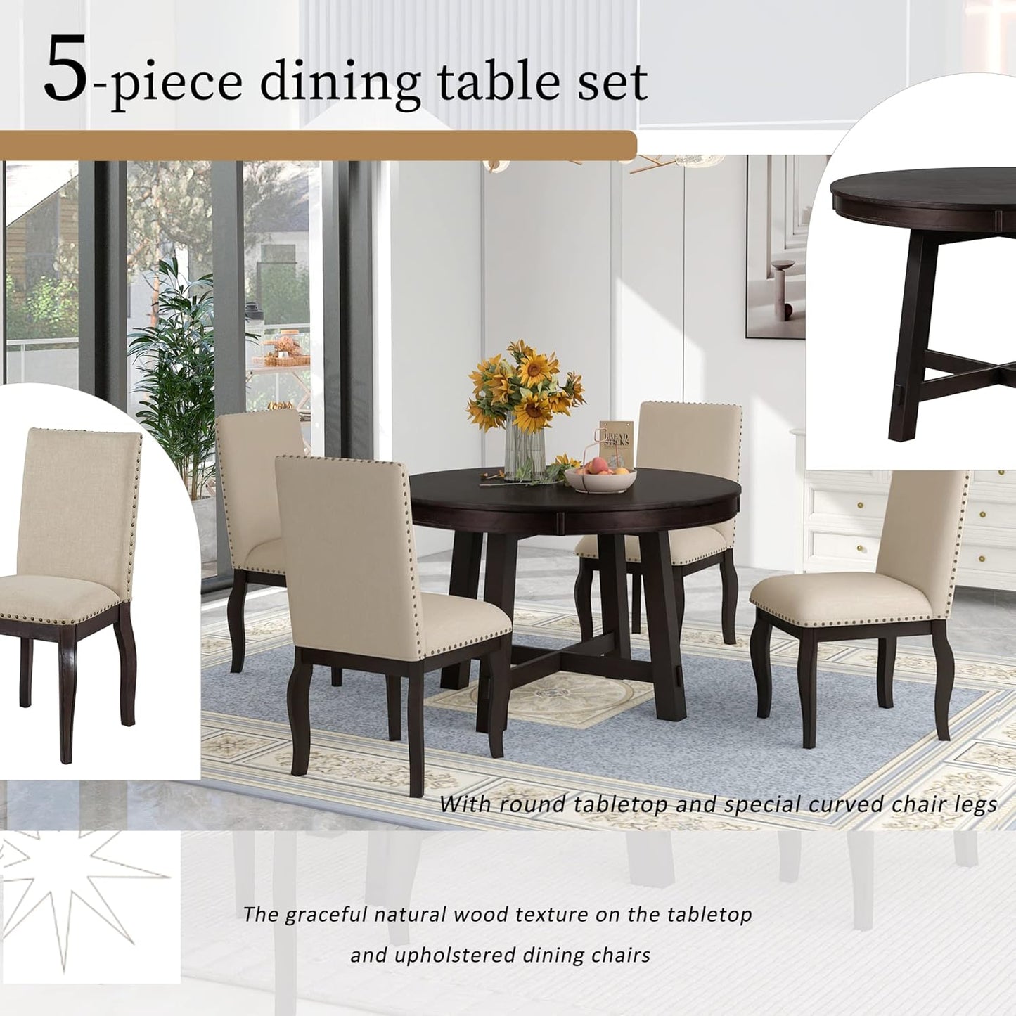 Ball & Cast 5 Piece Dining Table Set with 4 Upholstered Curved Legs Chairs,Living Room Furniture W/ 43" Round Extendable Desk,for Restaurant,Home Bistro,Espresso
