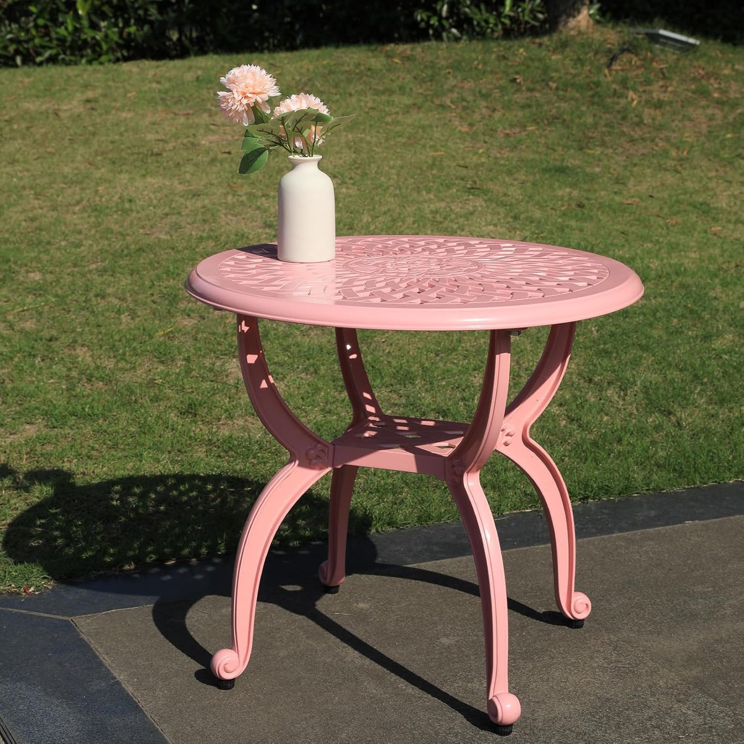 Cast Aluminum Outdoor Side Table,Small Patio Table,Outdoor Coffee Tables for Patio,Garden,Balcony, for All Weather(Pink, Round)