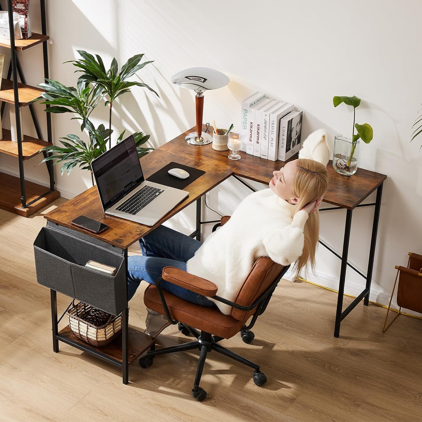 Sweetcrispy L Shaped Desk - Computer Corner Gaming PC Table with CPU Stand Side Bag for Home Office Dorm Sturdy Writing Workstation