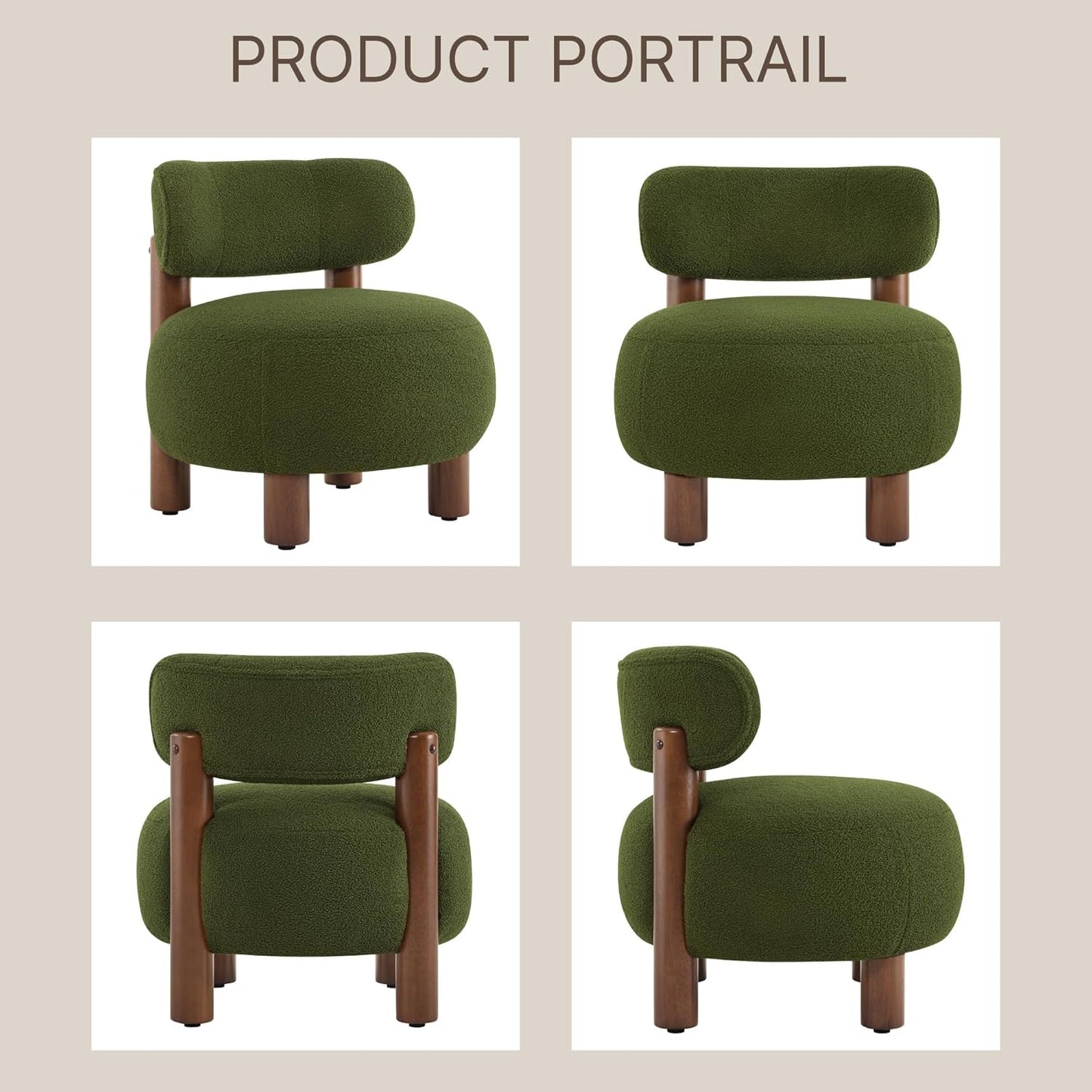 Modern Boucle Accent Chair Set of 2, with Plush Faux Sherpa Upholstery, Curved Backrest, Solid Wood Legs for Living Room Bedroom Reading Nook, 27.5", Green