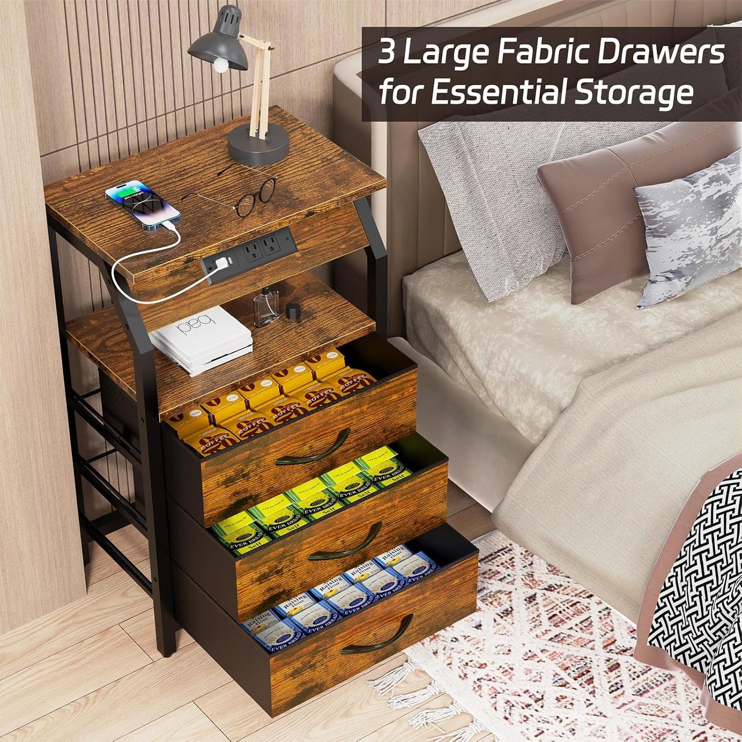 End Table with Charging Station, Nightstand with LED Lights and 3 Drawers, Small Dresser with Fabric Storage, Retro Side Table for Bedside, Living Room Dorm, Rustic Brown