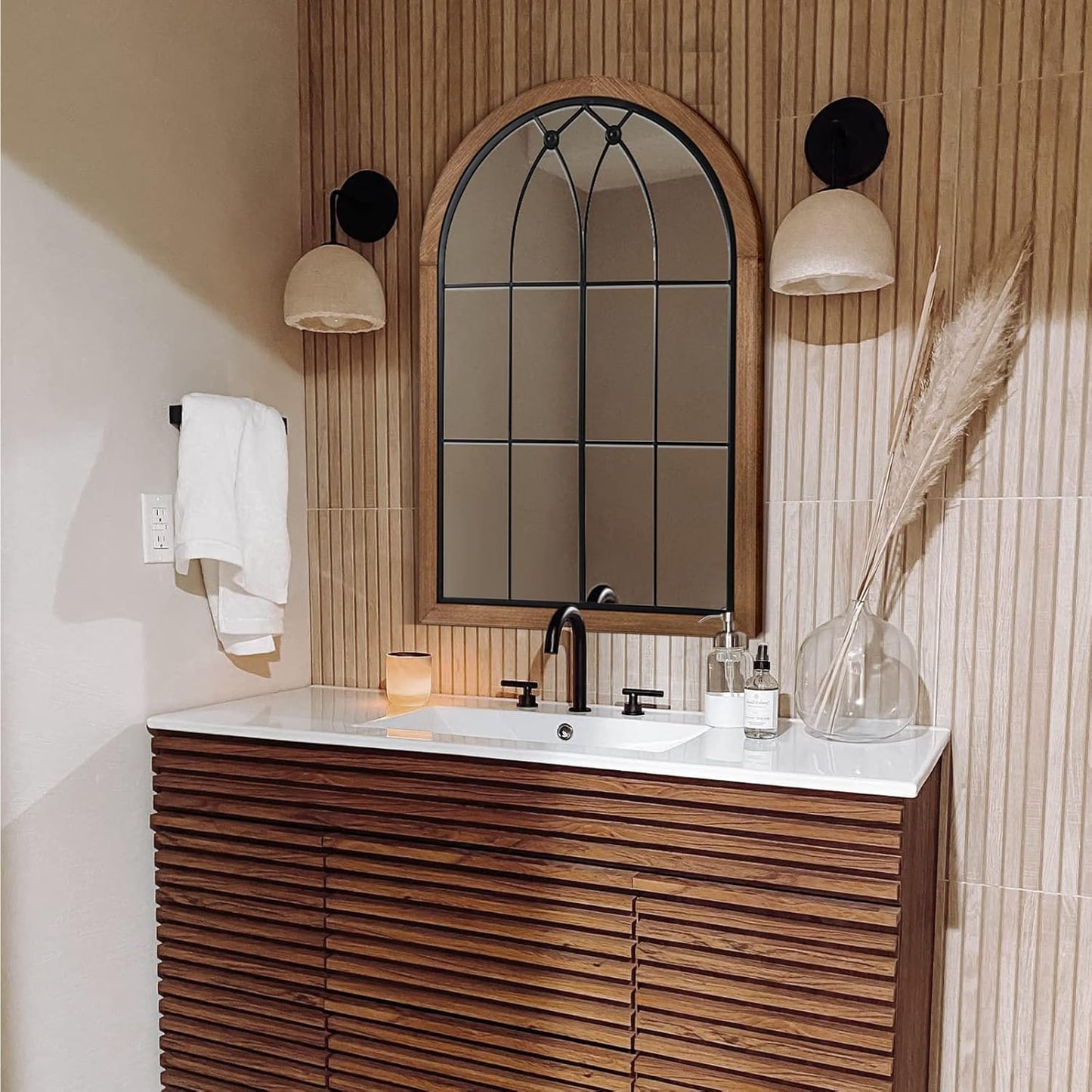 blue page Arched Mirror, Farmhouse Wall Decor, Rustic Wood Framed Accent Mirror Like Window for Bathroom Vanity, Bedroom, Entryway, or Living Room