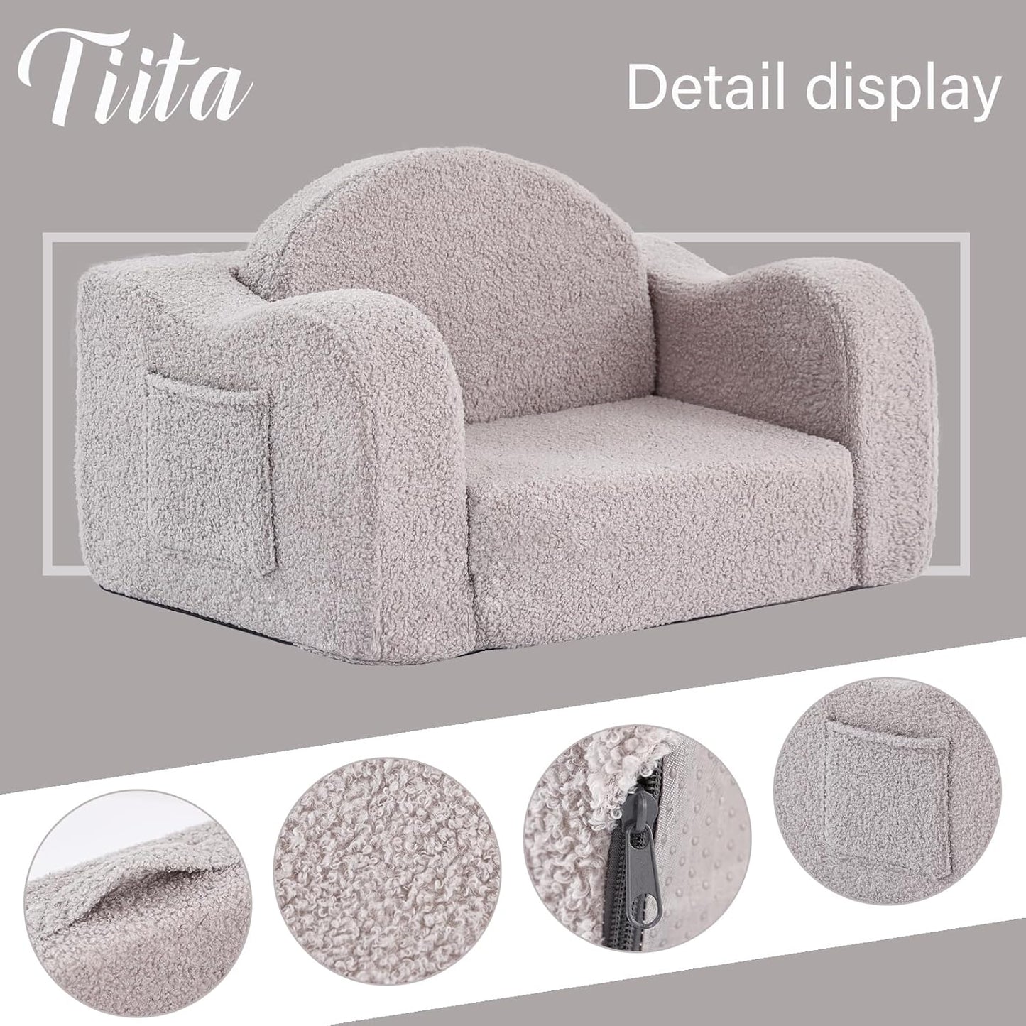 Tiita Kids Sofa, 2-in-1 Kid Sofa Chair, Convertible Chirldren Couch to Lounger, Flip Out Kids Sofa Chair, Toddler Armrest Chair Bed, Folding Kids Play Sofa for Girl or Boy, Grey