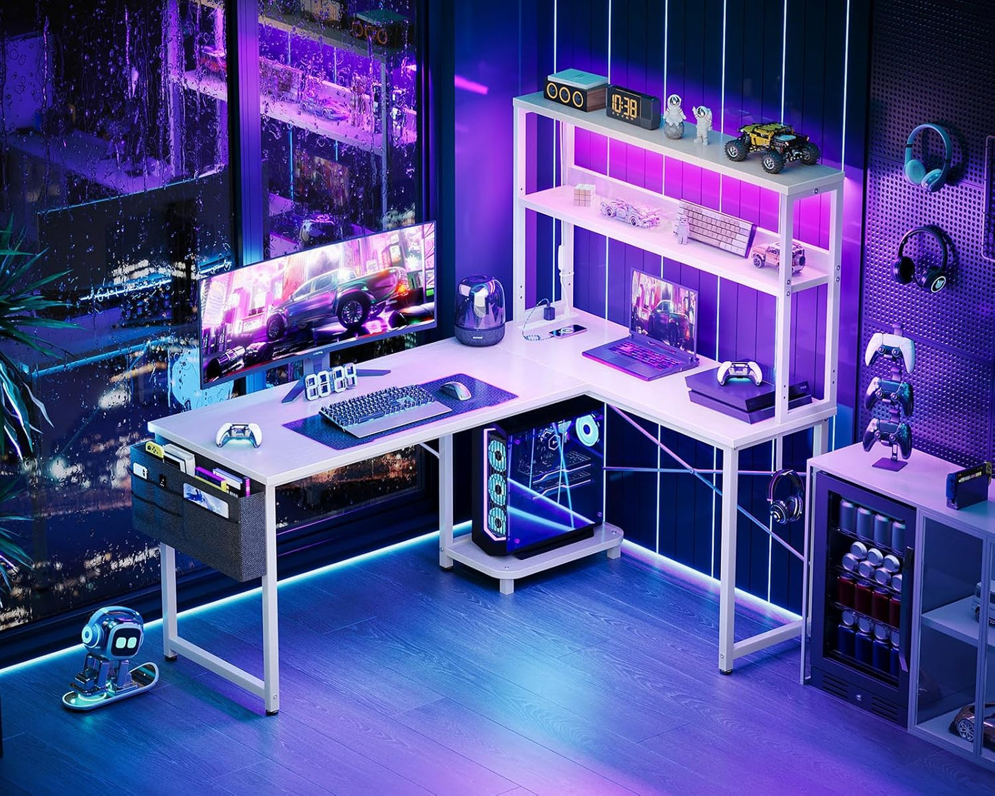 AODK L Shaped Desk Gaming Desk with LED Light & Power Outlet, 53 Inch Reversible L Shaped Computer Table with Shelf, Corner Desk with Storage Bag&Hook for Home Office Desk, White