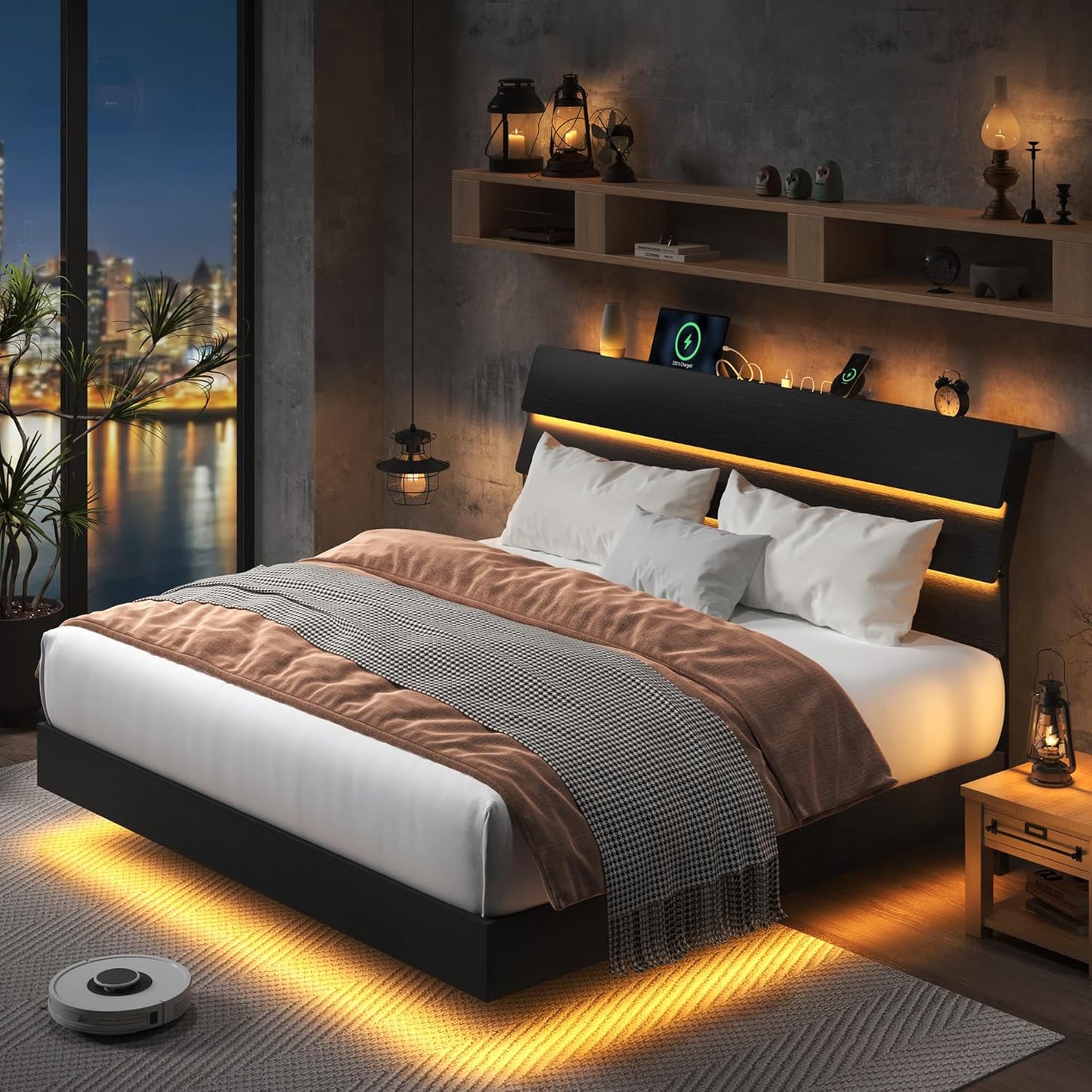 Feonase Floating Bed Frame King with Led Lights and Charging Station, Wood Full Size Bed Frame with Storage Headboard, Heavy Duty Metal Slats, No Box Spring Needed, Easy Assembly,Black