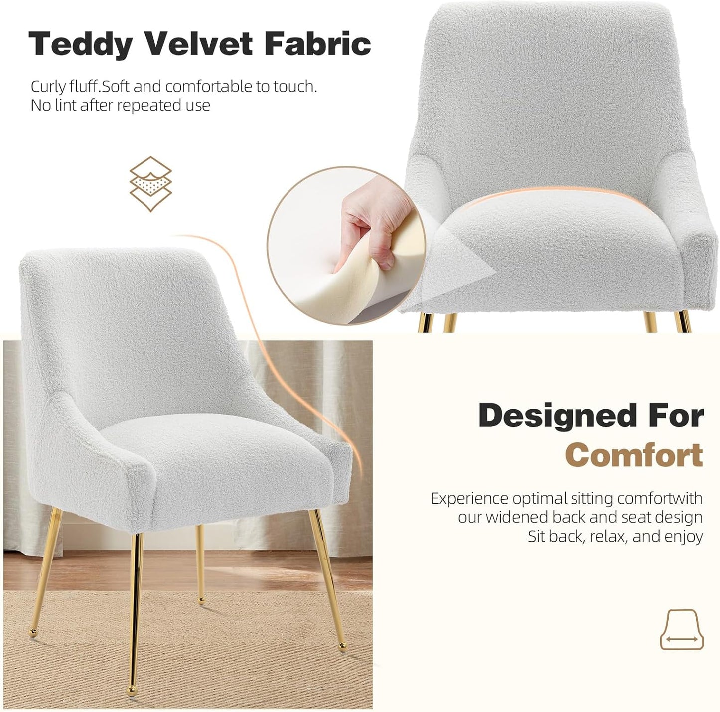 Dining Chairs Medieval Modern Restaurant Chairs, Soft Cushions, Teddy Velvet, Polished Gold Metal Legs, Kitchen Chairs, Living Room White 2-Piece Set