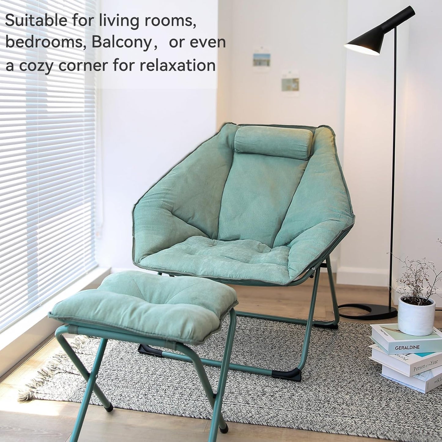 Hexagon Foldable Living Room Chair, Saucer Chair for Adults, Comfy Bedroom Lounge Chair, Moon Chair, Lazy Folding Chair for Dorm Rooms(Ottoman-Green)