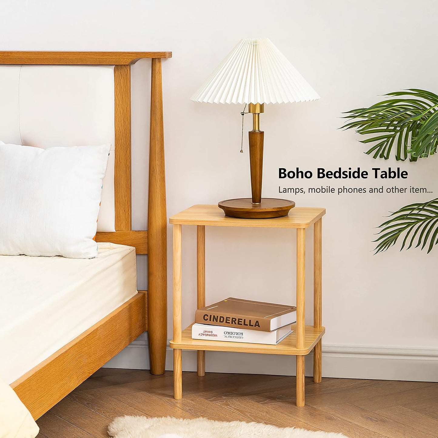 Apicizon 2 Tier End Table, Small Side Table with Solid Wood Legs, Boho Bedside Table with Storage Shelf, Nightstand for Small Spaces, Bedroom, Living Room, Entryway, Farmhouse, Easy Assembly, Natural