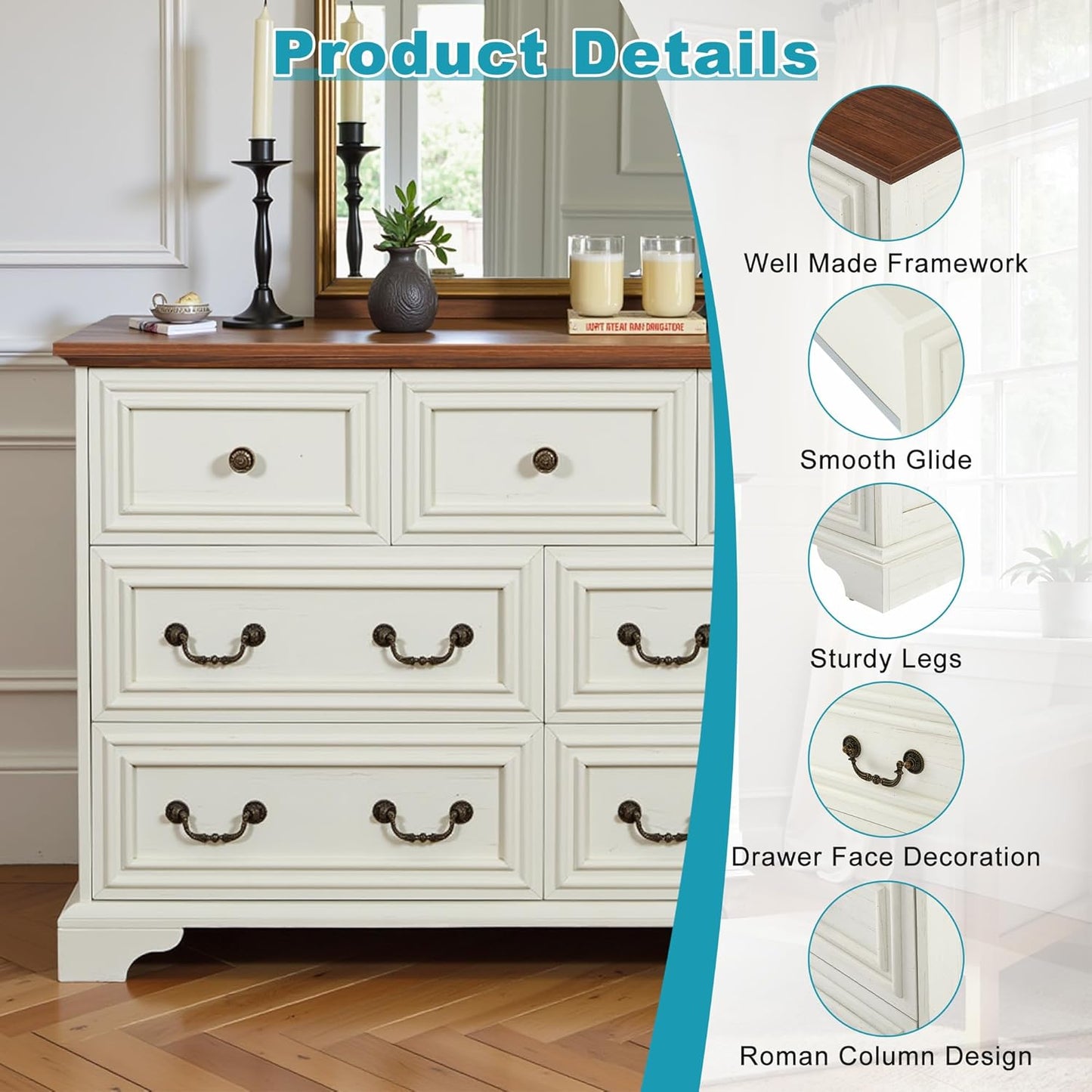 47.2" Farmhouse Sideboard Buffet Cabinet with Storage, Kitchen Buffet Storage Cabinet with 7 Drawers, Modern Wood Accent Sideboard for Living Room, Kitchen, Hallway(Antique Brown+White)