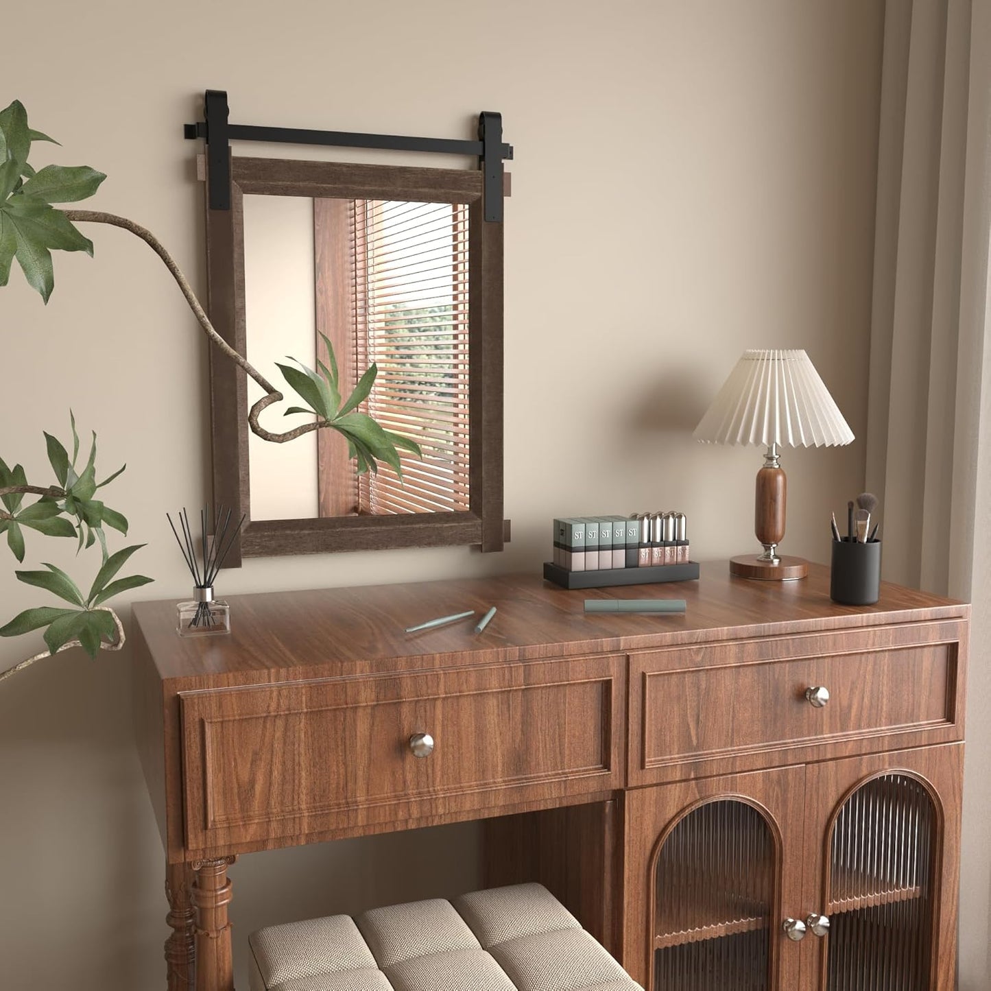 Farmhouse Barn Door Mirror: 22"x30" Black Rustic Wood Frame Mirror for Wall - Home Decor for Entryway/Bathroom/Living Room