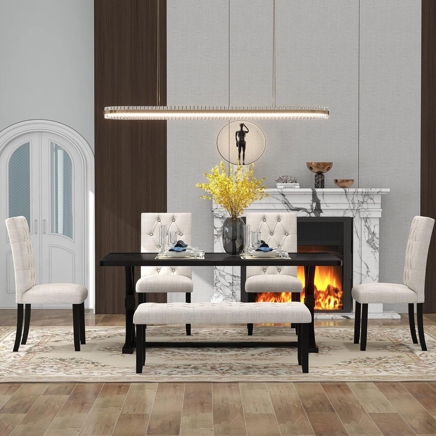 Ball & Cast 6 Piece Dining Table Set with 4 Upholstered Chairs and 1 Bench,Wooden Living Room Furniture for 6 W/ 72" Rectangle Desk,for Small Space,Apartment,Dining Room,Espresso