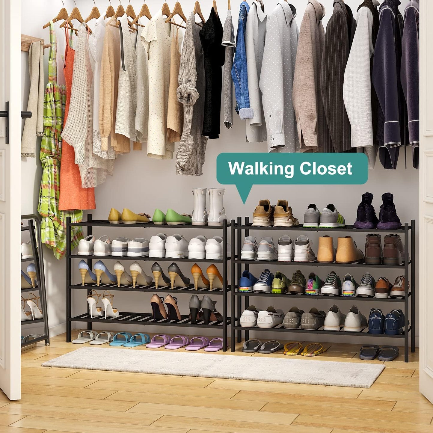 Black 4-Tier Long Shoe Rack, Bamboo Wood, 33-Inch