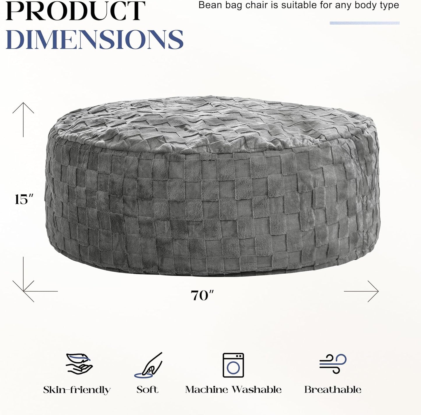 Hobestluk Bean Bag Chairs Beanbag Chair with Filler Adult Bean Bags with Fluffy Cover, Giant Bean Bag Chairs for Adults for Living Room, Bedroom (Grey, 6FT - 70" x 70" x 15")