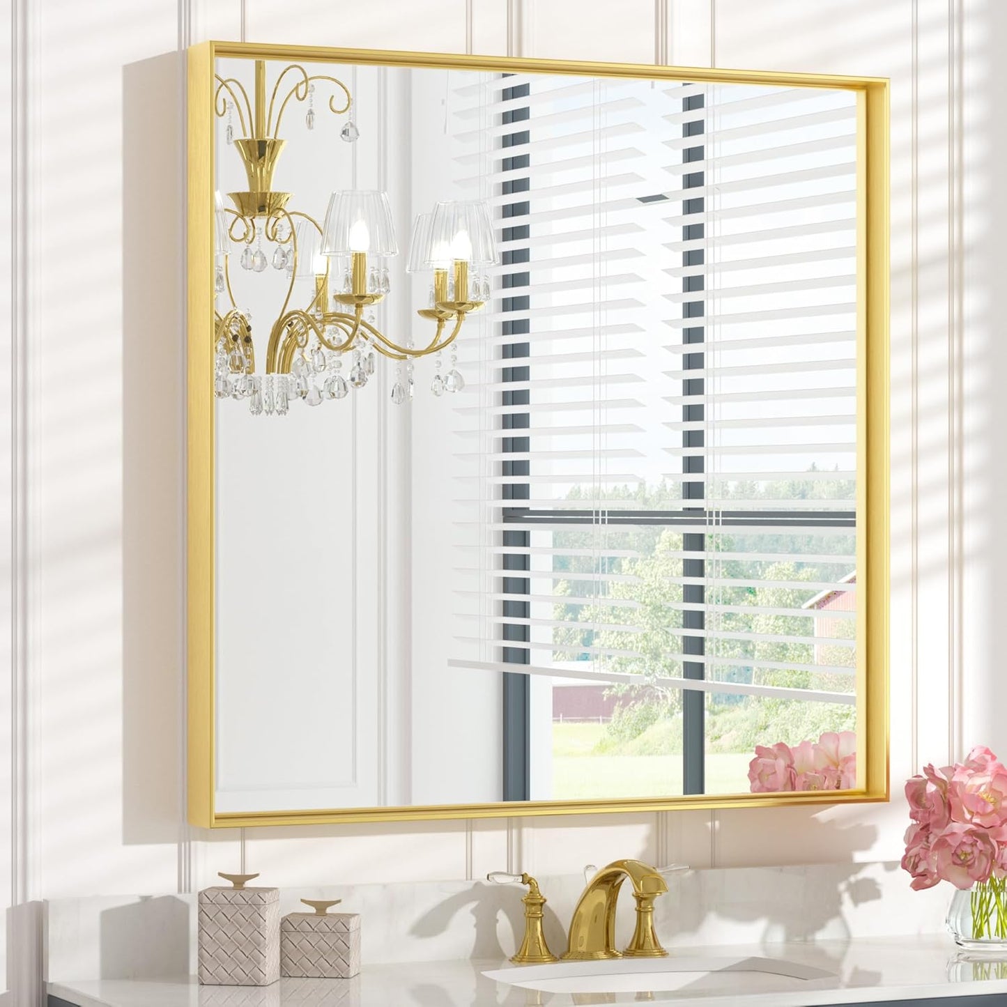 Keonjinn Brushed Gold Bathroom Mirror 36 x 36 Inch Gold Wall Square Mirror Metal Framed Rectangular Mirror for Bathroom Aluminum Alloy Frame Gold Vanity Mirror for Over Sink(Horizontal/Vertical)