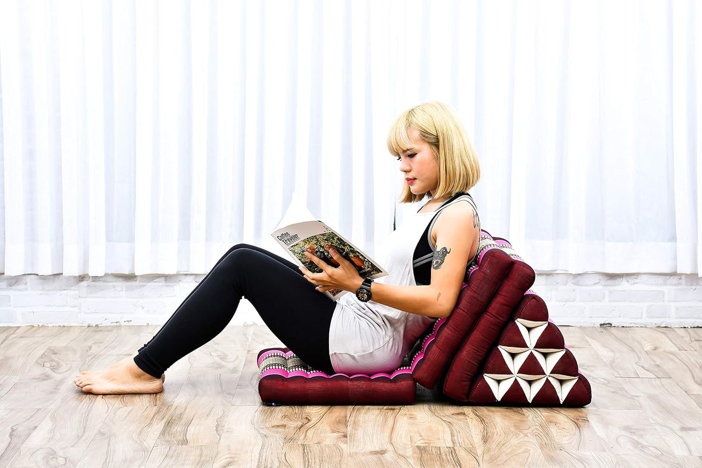 Leewadee - Comfortable Japanese Floor Mattress Used As Thai Floor Bed with Triangle Cushion, Futon Mattress Or Thai Massage Mat, 67 x 21 inches, Auburn Pink