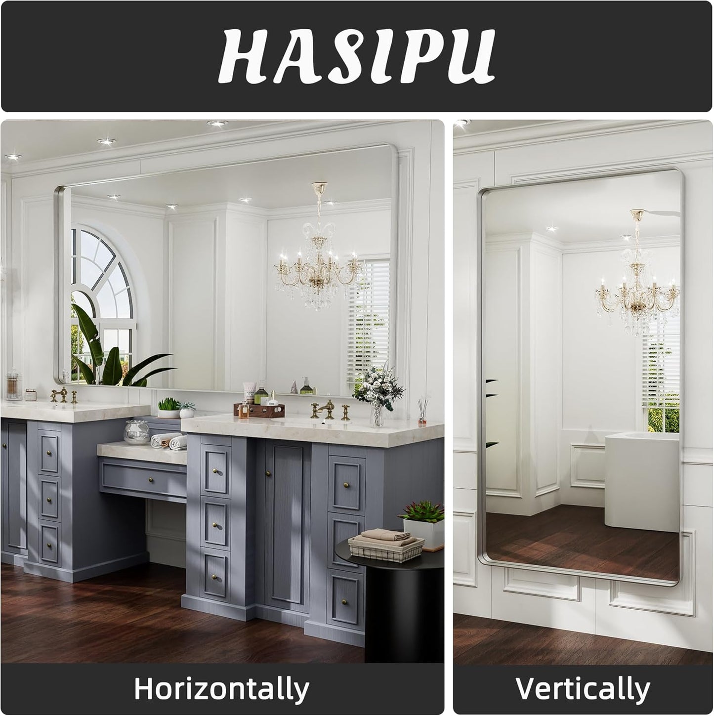 Hasipu Brushed Silver Bathroom Mirror 63x35 Inch Rounded Rectangle Vanity Mirror Metal Framed Wall Mirrors Anti-Rust Surface Mount (Horizontal/Vertical)
