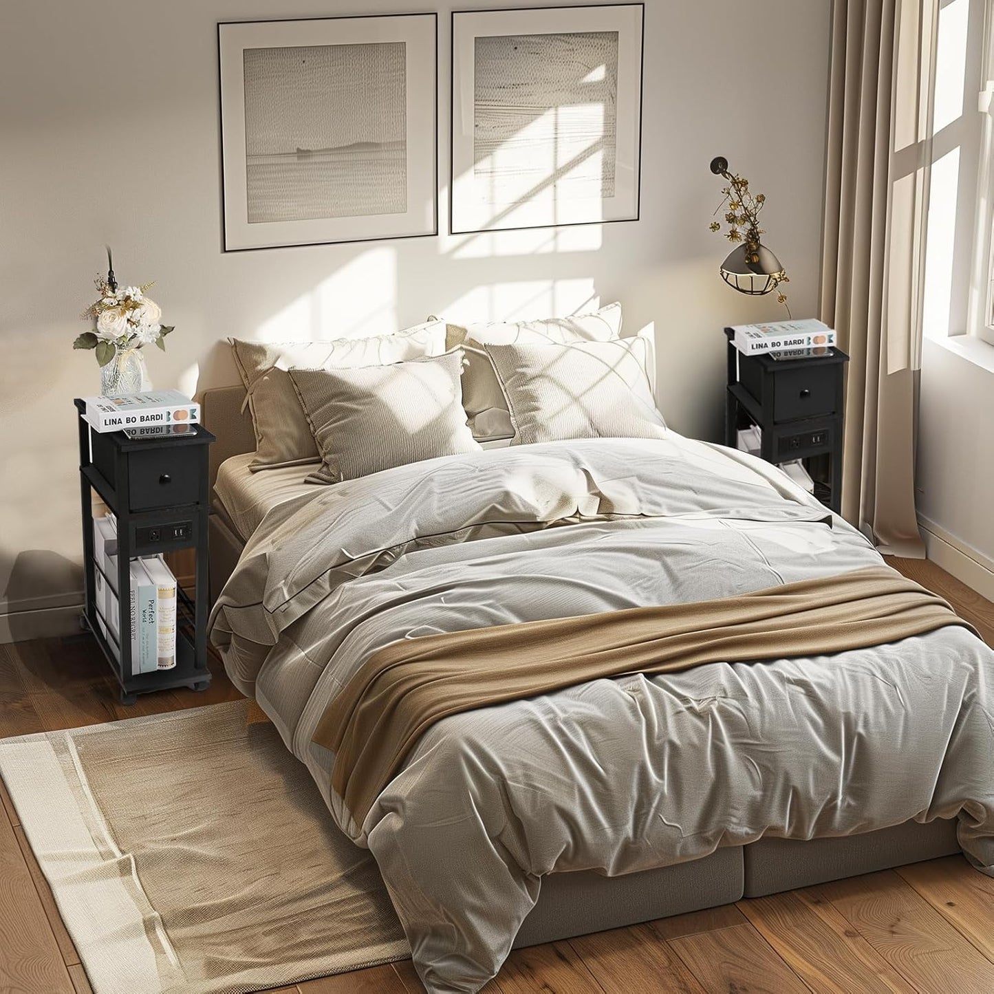 Side Table Set of 2,Side Table with Charging Station and Drawer, Narrow End Table with USB Ports and Outlets for Small Space, Living Room, Bedroom and Office, with 4 Wheels