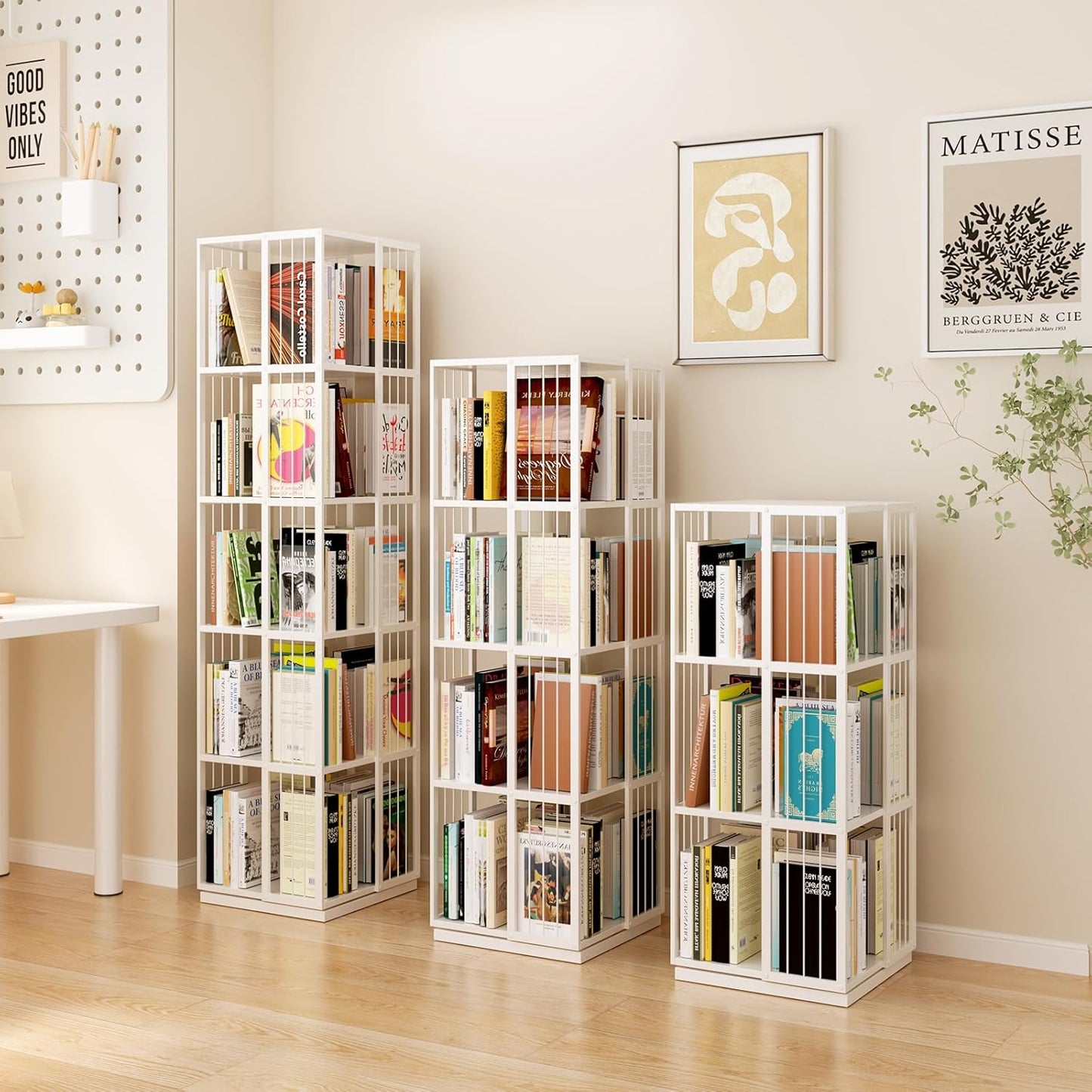 Square Rotating Bookshelf Tower - 360 Spinning Display Corner Bookcase for Narrow Space, Modern 5-Tier Revolving Storage Shelf, White