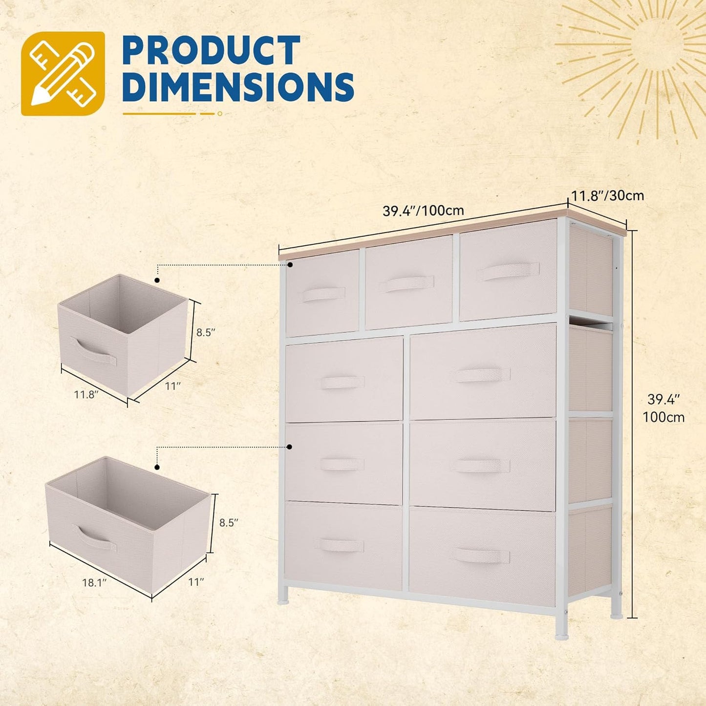 DWVO Dresser with 9 Drawers - Fabric Storage Tower, Organizer Unit for Living Room, Hallway - Sturdy Steel Frame, Wooden Top & Easy Pull Fabric Bins