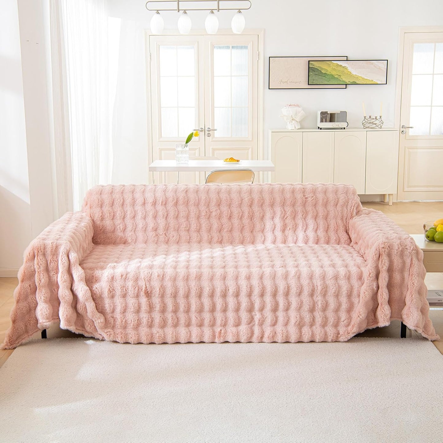 VM VOUGEMARKET Pink Sofa Cover Thick Shaggy Fluffy Sectional Couch Cover Plush Furniture Cover Soft Faux Fur Sofa Slipcover for Couch Futon Bed -Pink,71" x 134"