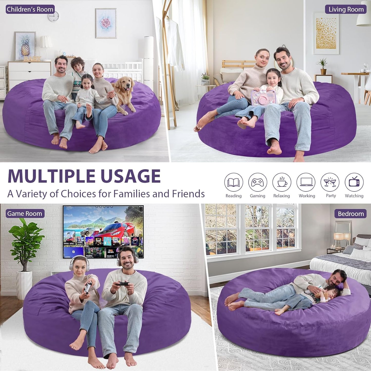 7FT Bean Bag Chair, Large Bean Bag Chairs with Memory Foam Filled, Fluffy Beanbag Sofa with Dutch Velvet Cover, Round BeanBag Chairs for Living Room, Playroom - Purple