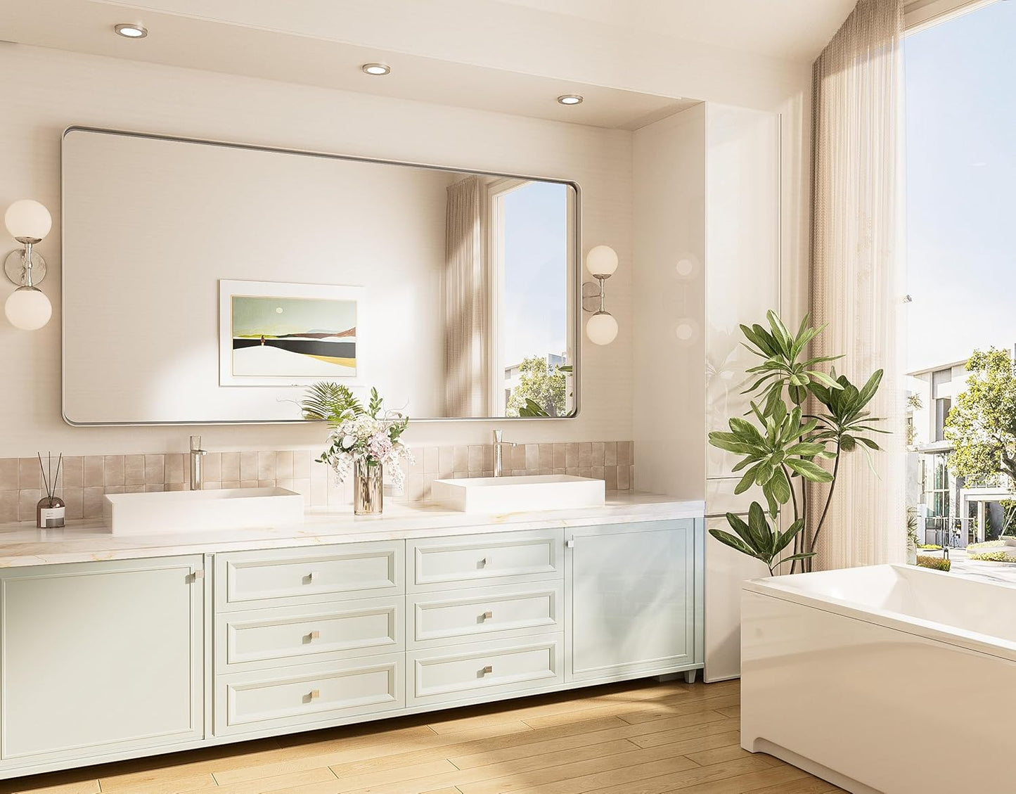 TokeShimi 60x36 Brushed Nickel Bathroom Wall Mirror Vanity Metal Frame Round Corner Rectangular for Home Decor Living Room Entryway