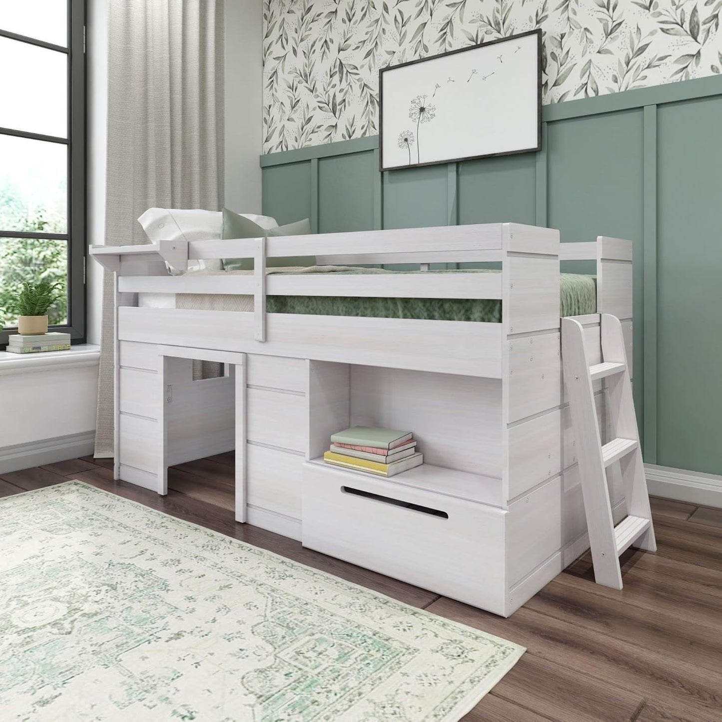 Max & Lily Loft Bed Twin Size, Solid Wood Low Loft Bed with Storage Drawer and Ladder, Modern Farmhouse Loft Bed for Kids, White Wash