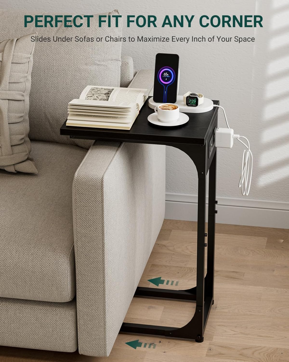 C-Shaped Side Table for Couch - Small Coffee Stand Sofa Tray Desk with Metal Frame Waterproof Scratch Resistant Wood Top and Built-in Charging Station, Black