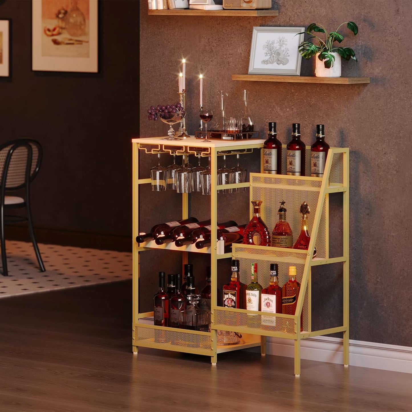 Gold Liquor Stand with Glass Holder, Multifunctional Wine Rack Freestanding Floor with Fences, Mini Bar Table for Liquor Whiskey Wine, 3-Tier Trapezoidal Liquor Cabinet for Home Bar (Patent Pending)