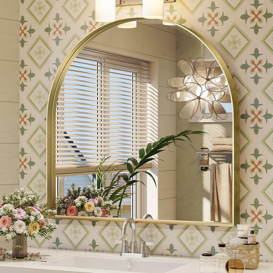 Brightify Arched Mirror, 31 x 33 Inch Gold Arch Mirror, Metal Frame Gold Arched Wall Mirror, Arched Top Bathroom Vanity Mirror for Living Room Bedroom Mantle Entryway Hallways