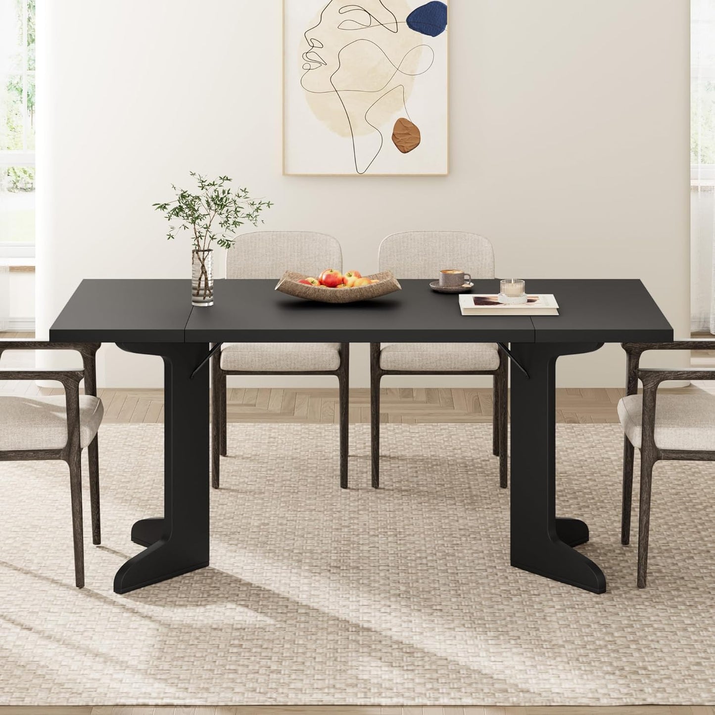 71" Dining Table for 6 to 8 People, Modern Dinner Table with Unique Wooden Legs, Rectangle Dining Table for Kitchen, Dining Room & Living Room, Black
