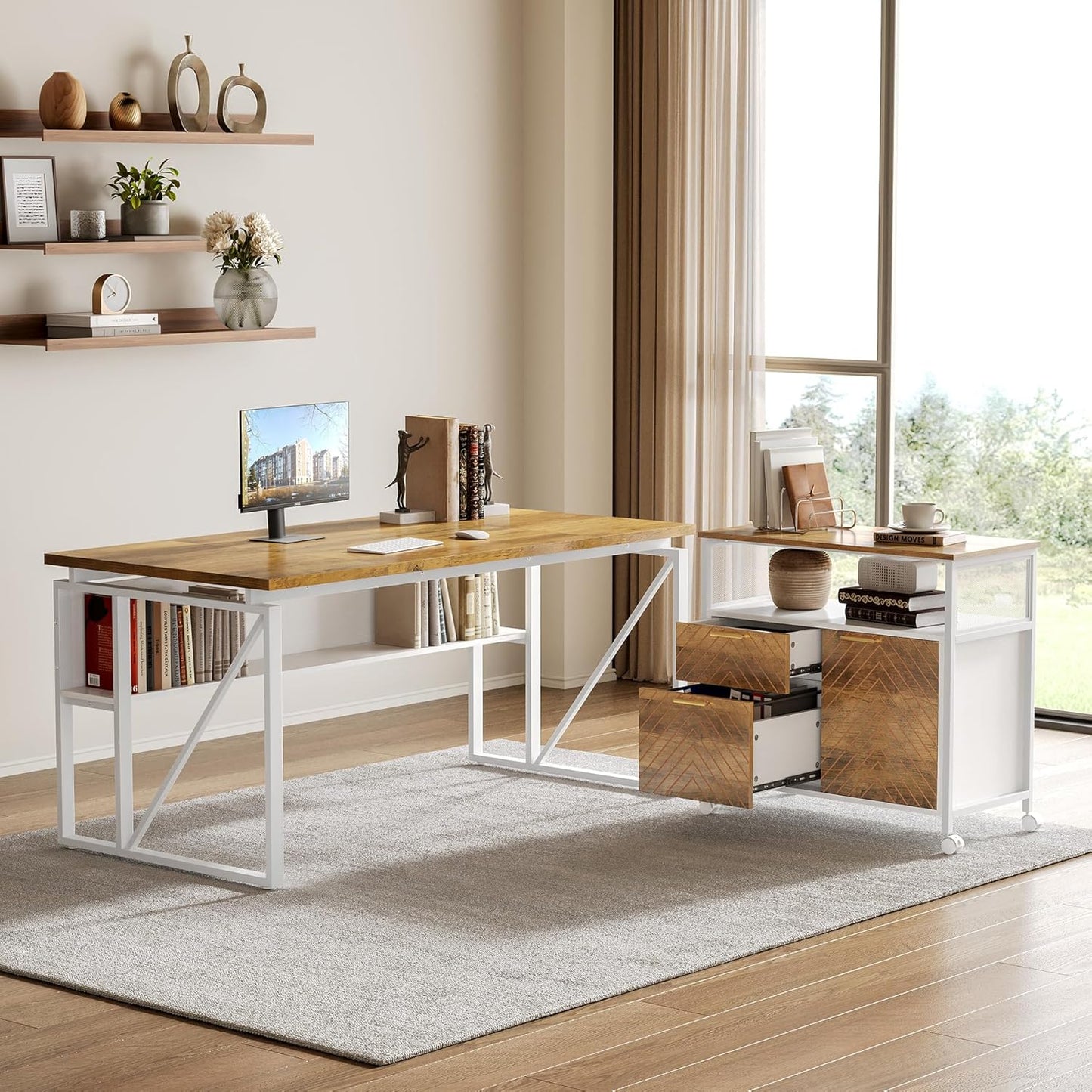 LITTLE TREE 63-Inch Office Desk with 31.5-Inch Lateral File Cabinet, Study Writing Desk Computer Desk for Home Office