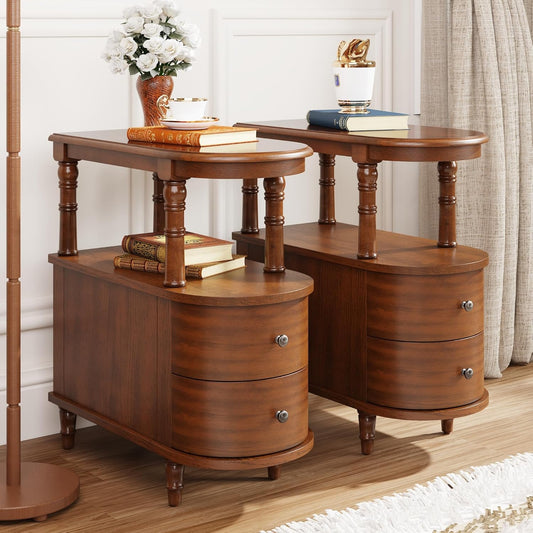 2 Set of Wood End Table with 2 Drawers and Storage Shelf, Narrow Sofa Side Table for Living Room, Vintage Slim Nightstand Bedside Table for Bedroom, Slim Chair Side Table Cherry Brown A508MG
