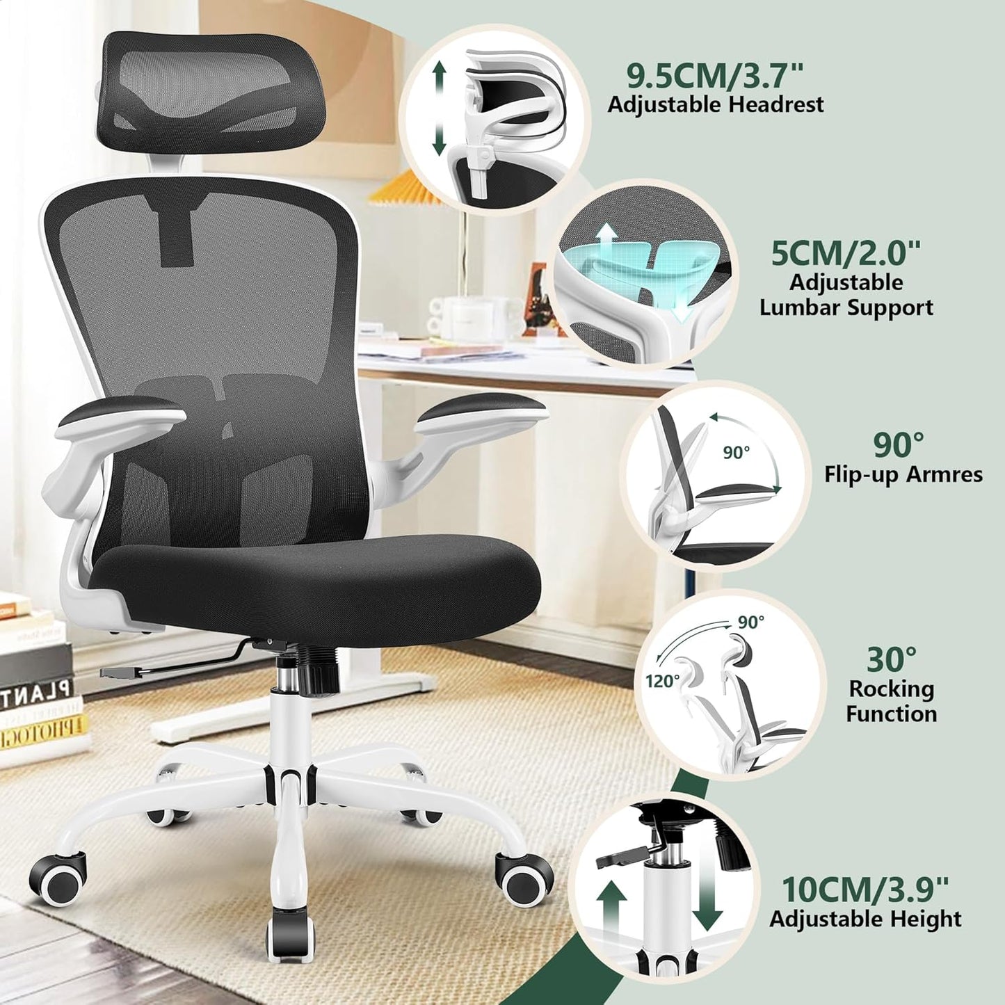 FelixKing Office Chair with Headrest, Home Office Desk Chairs with Flip-Up Armrests, Adjustable Height Ergonomic Office Chair Lumbar Support, Mesh Backrest Computer Chair (White)